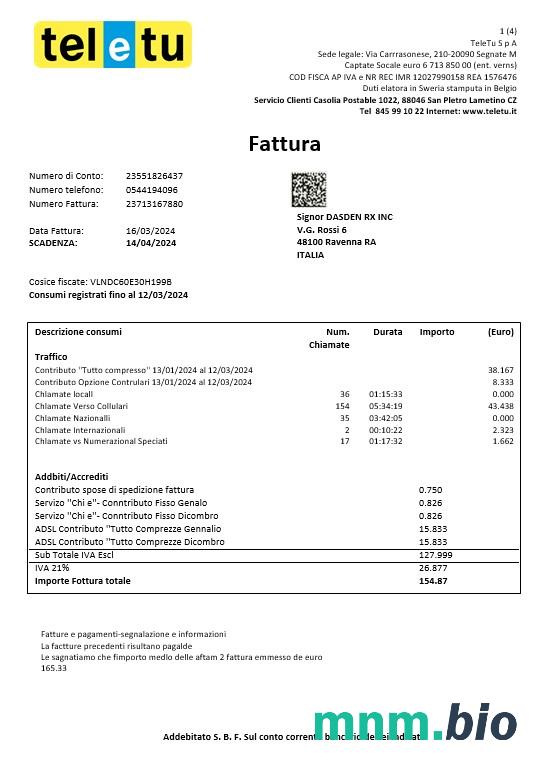Italy TeleTu rachunek za usługi komunalne szablon w formacie Word i PDF
